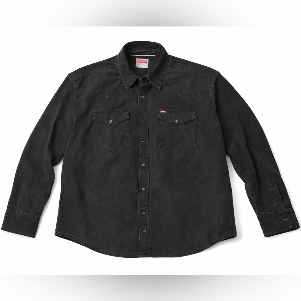 VTG Wrangler Western Shirt Mens 2XL Black Brush Popper‎ Denim Pearl Snap